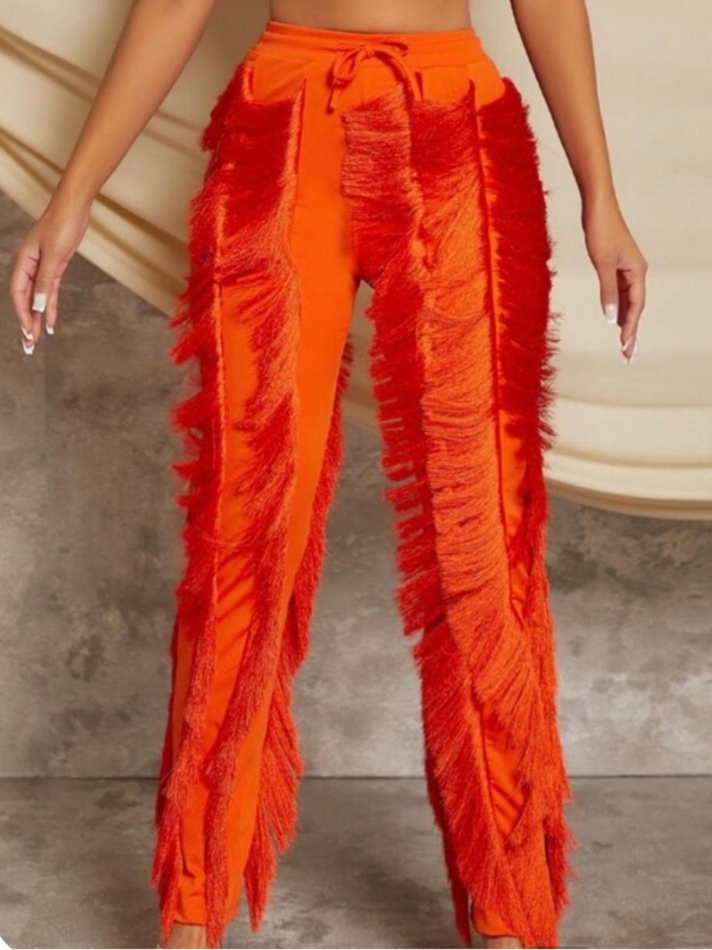 Bold Orange Fringe Wide-Leg Pants